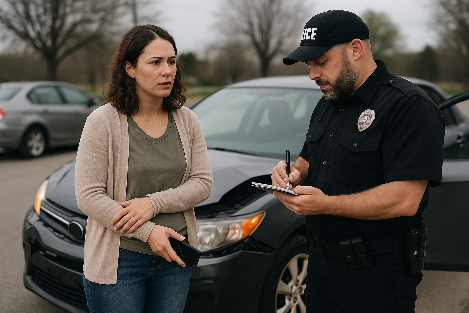 Concerned driver providing a statement to a police officer after a car accident, with a damaged vehicle in the background