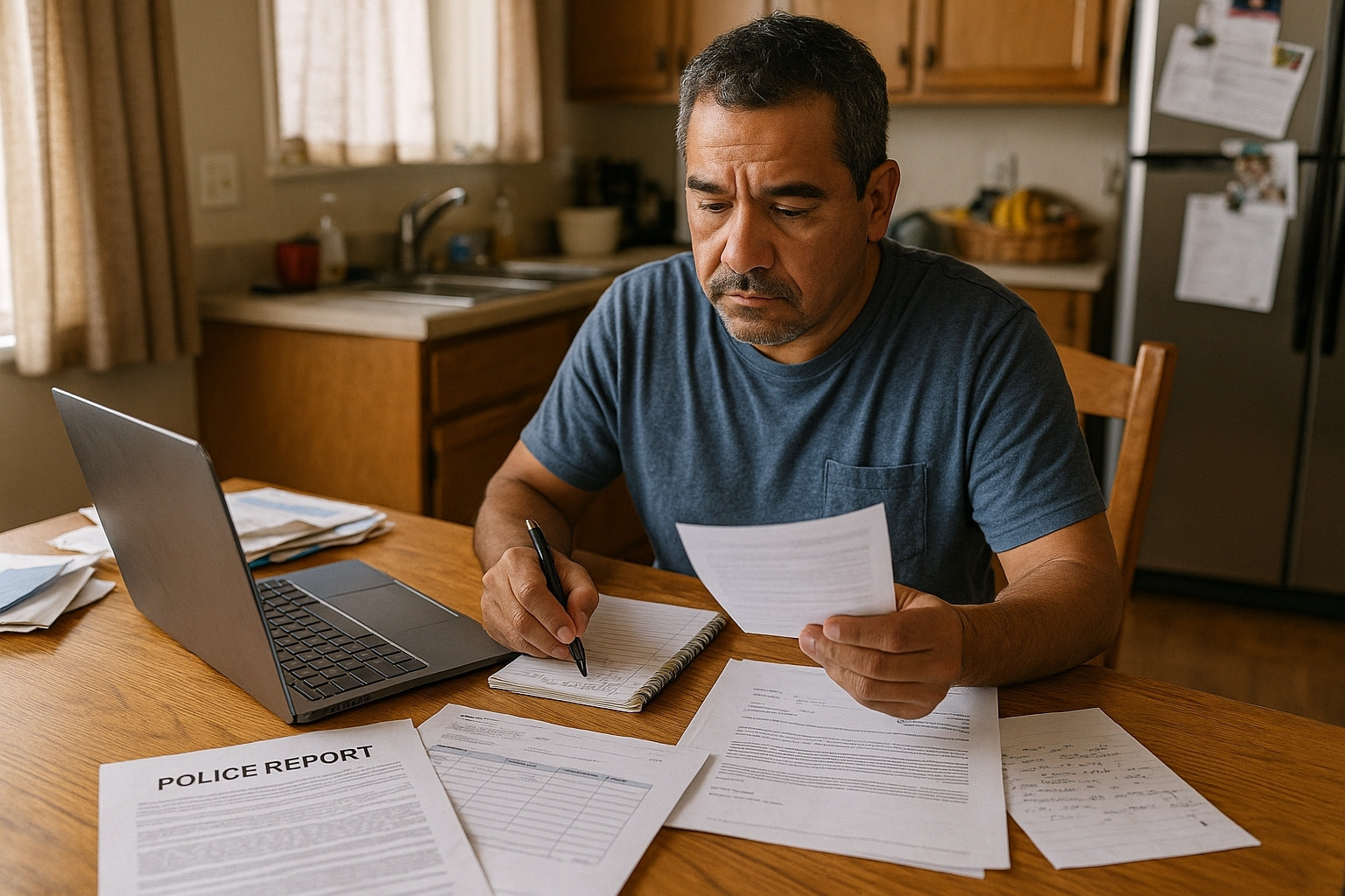 Man reviewing police report and paperwork at home while organizing documents for a motor vehicle accident insurance claim