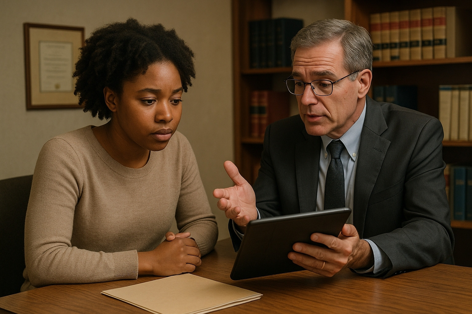 Concerned woman consulting with an attorney reviewing legal documents on a tablet during a personal injury claim discussion