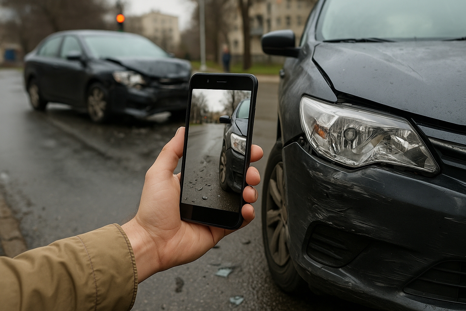 Driver using a smartphone to take photos of vehicle damage after a car accident at an intersection