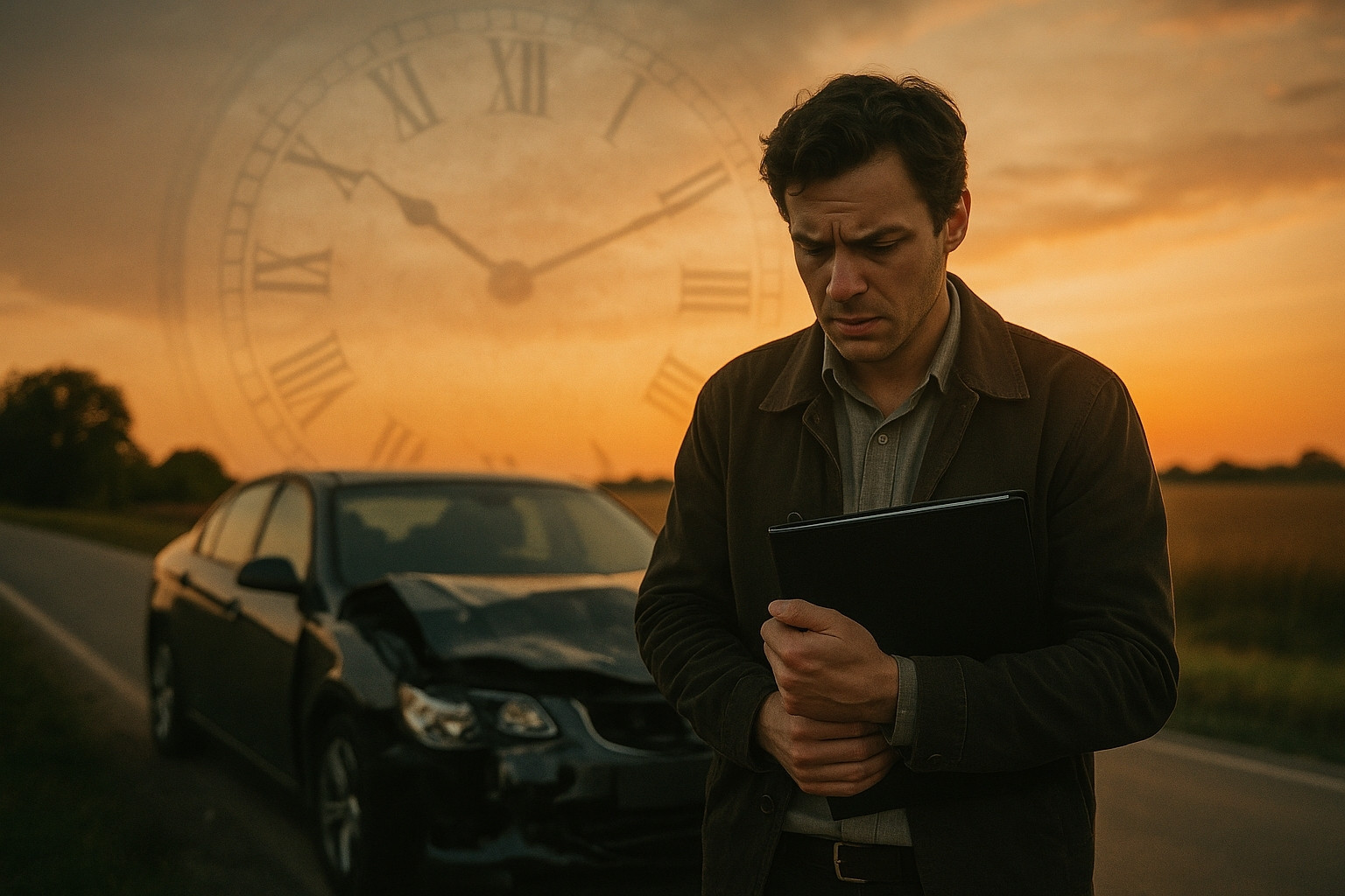 Stressed driver holding documents beside a damaged car at sunset, with a large clock faintly overlayed in the sky symbolizing urgent legal deadlines after a car accident