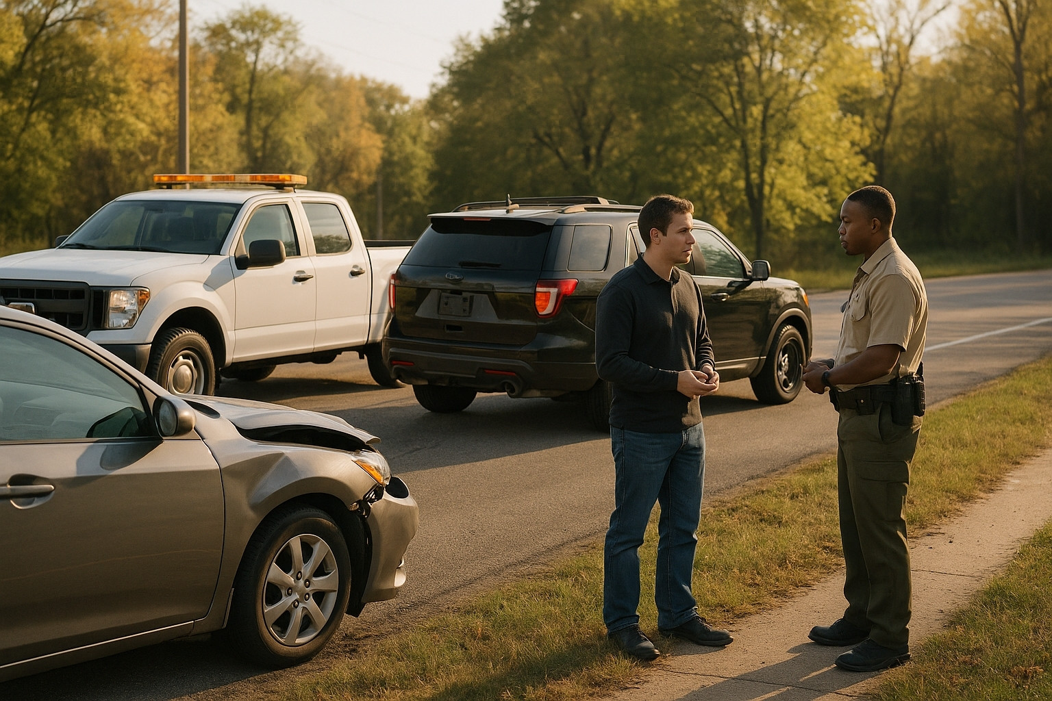 Driver speaking with police officer after car accident for official accident report documentation