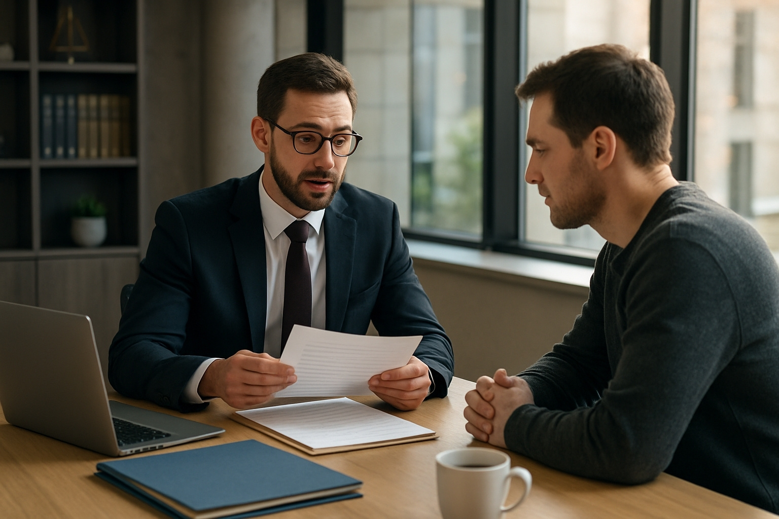 Accident victim meeting with a personal injury lawyer to review car accident claim documents in a modern law office