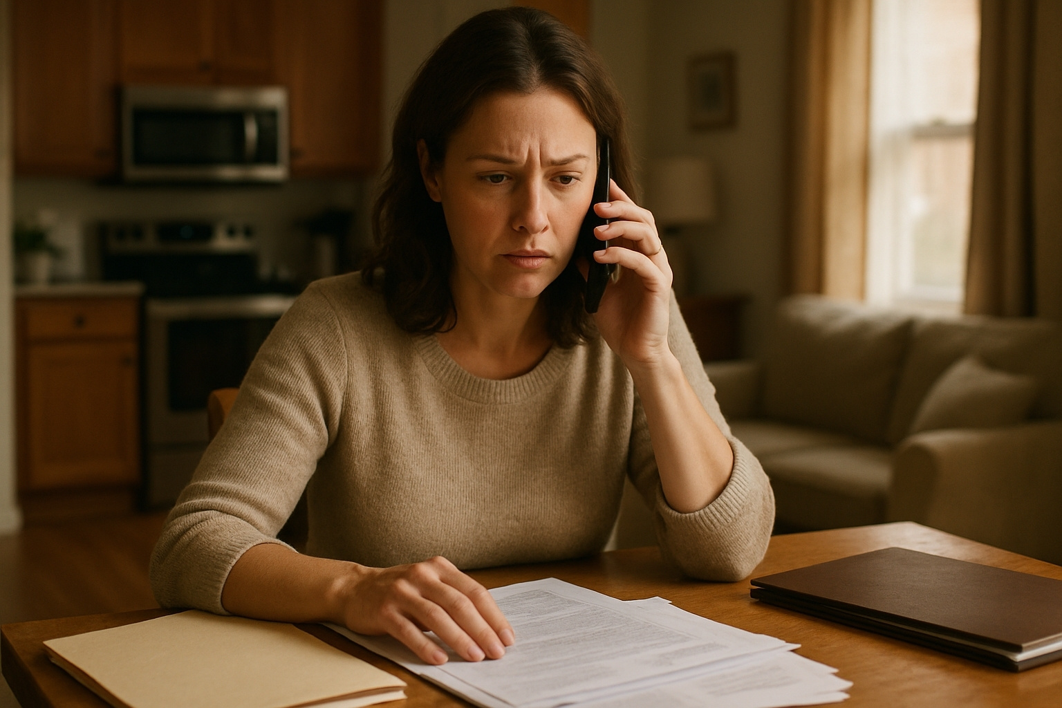 Worried woman on the phone reviewing accident-related paperwork at home, seeking clarification or legal help after a motor vehicle incident