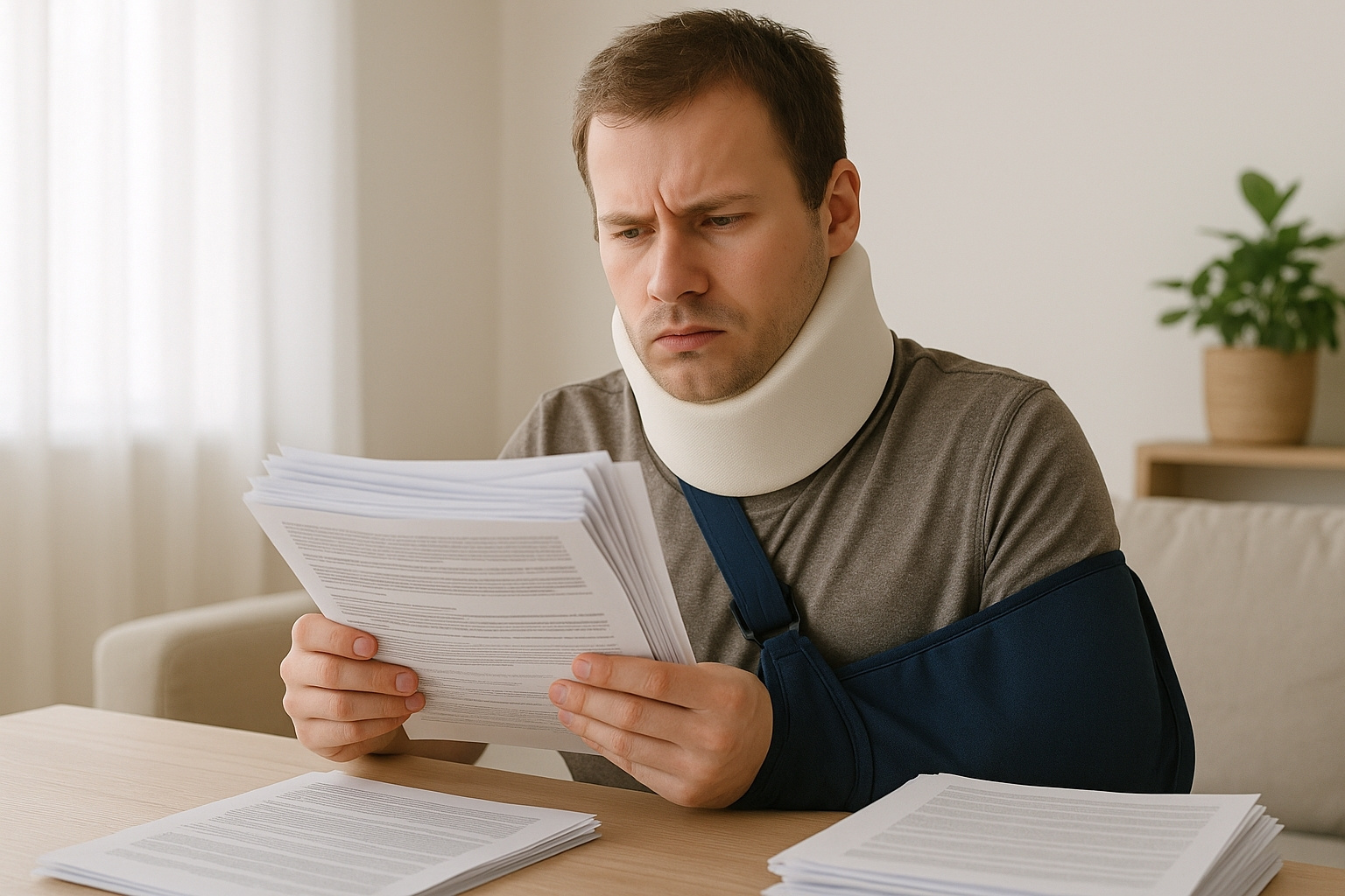 Injured man wearing a neck brace and arm sling reviewing personal injury claim paperwork at home