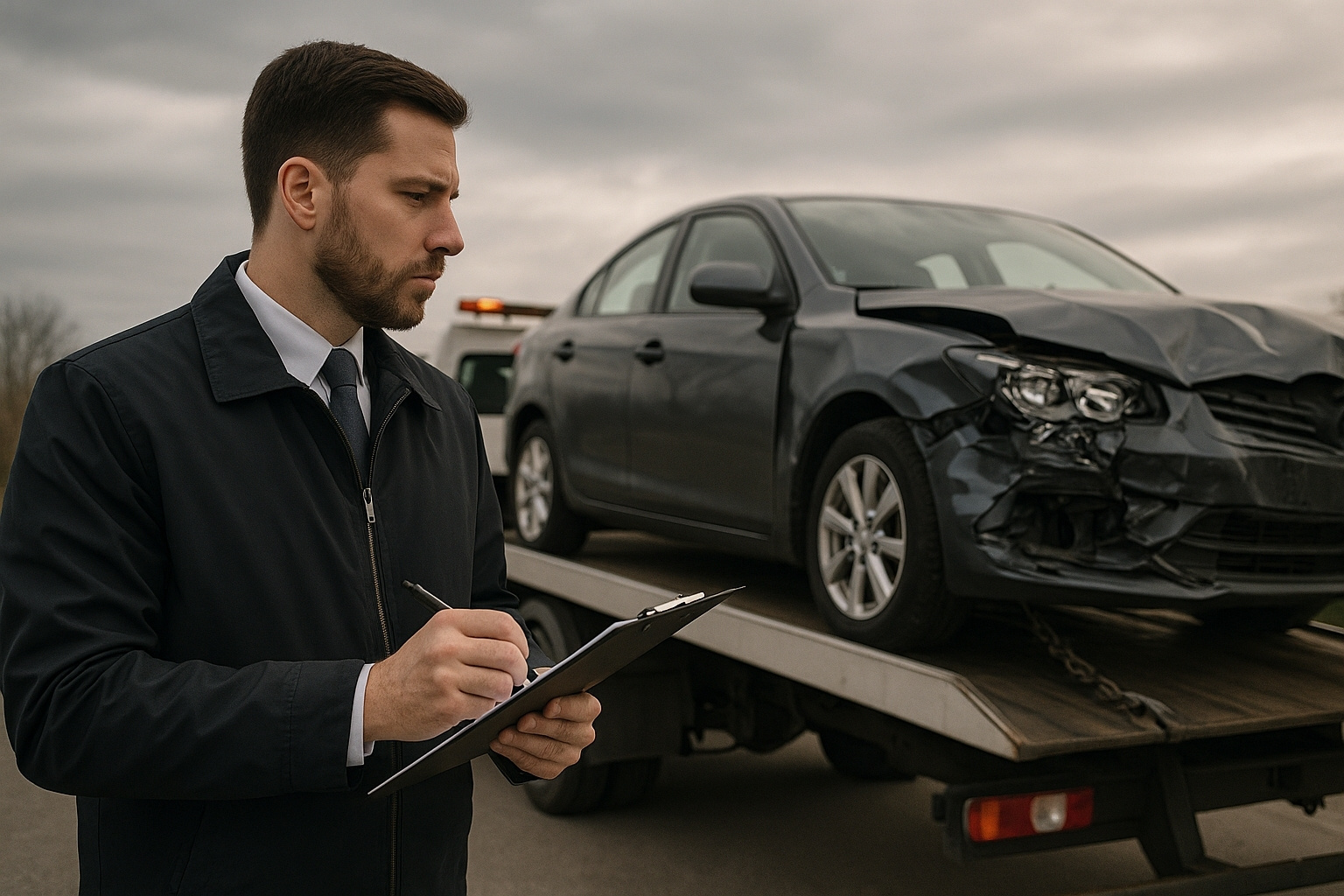 Insurance adjuster documenting damage to a black sedan being towed after a car accident