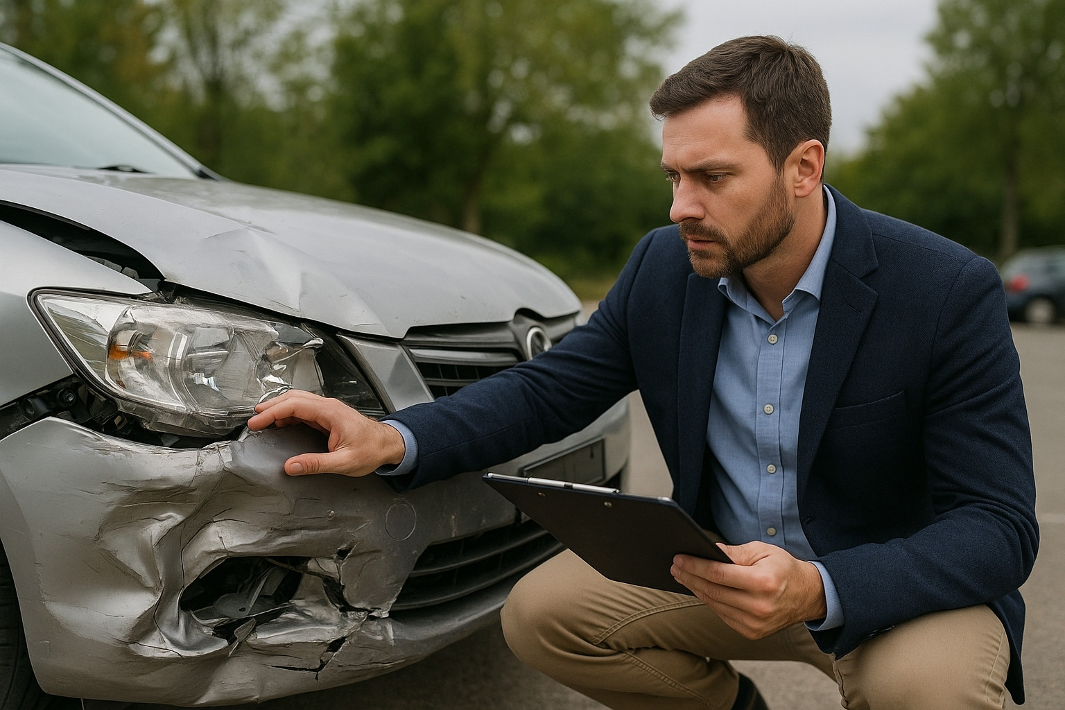 Insurance adjuster examining front-end damage on a silver car and taking notes on a tablet during a post-accident vehicle inspection
