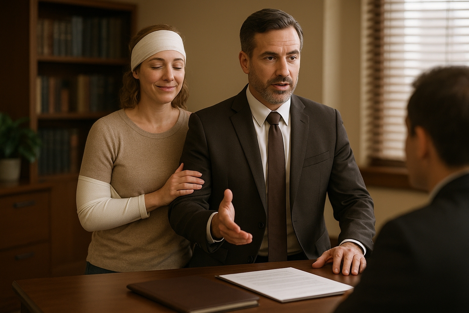 Injured woman and attorney discussing legal options with another professional in a law office setting