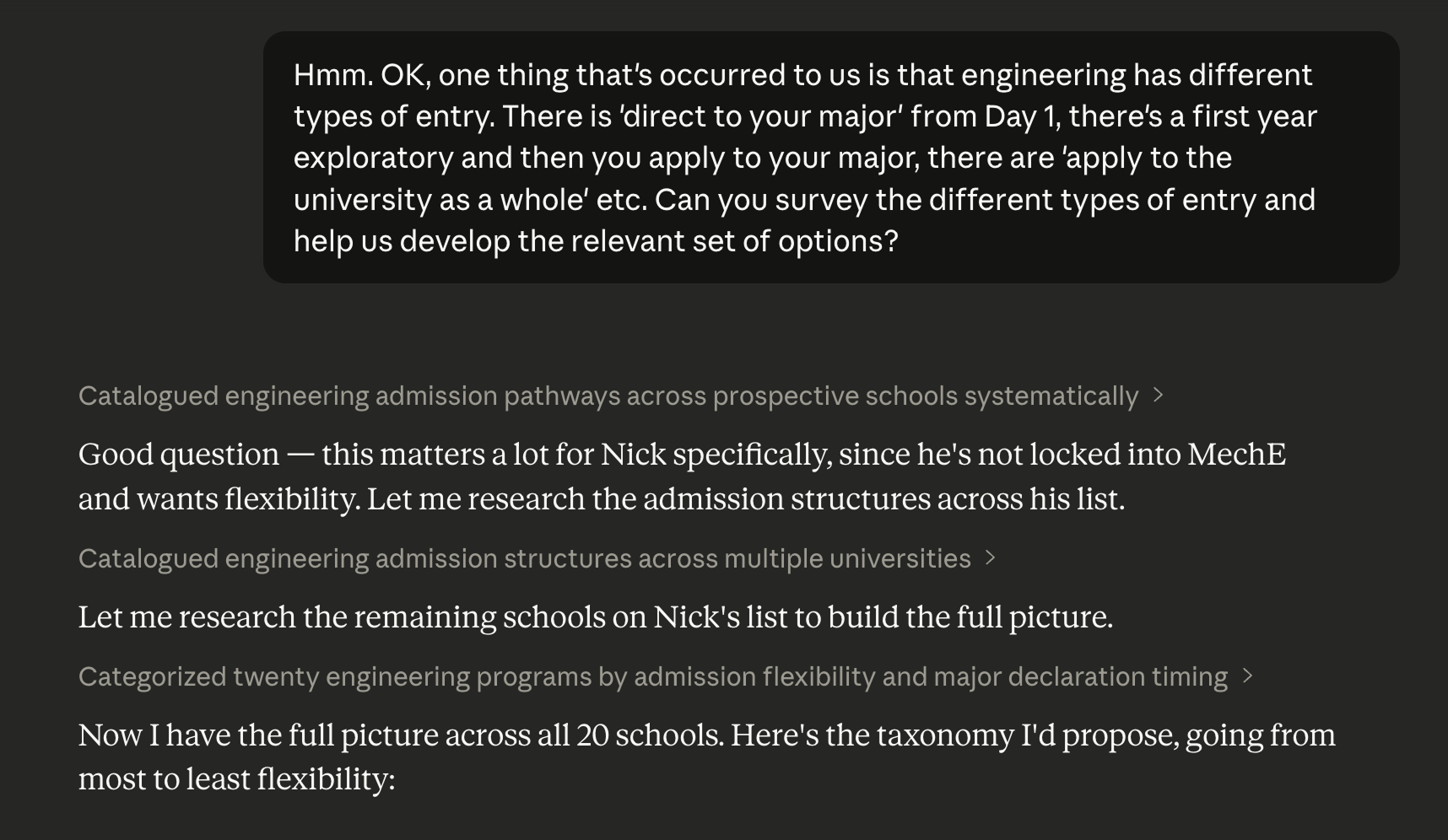 Claude conversation discussing engineering pathways