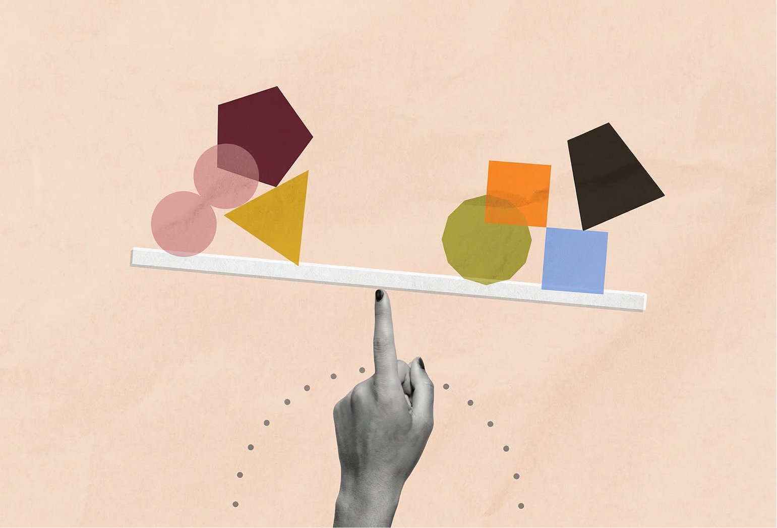 Hand balancing assorted abstract weights on both ends of a seesaw