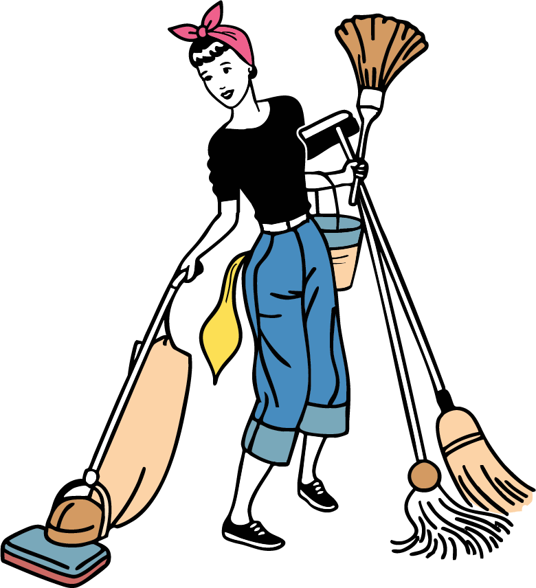 The company's full color logo that depicts a woman in work attire holding various cleaning supplies such as a vacuum, a mop, a broom and a bucket