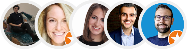 Circular profile photos of five diverse team members with a review badge.