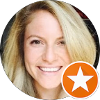 Smiling blonde woman with orange star badge icon.