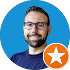 Smiling man in glasses with orange star badge icon, set against a blue background.