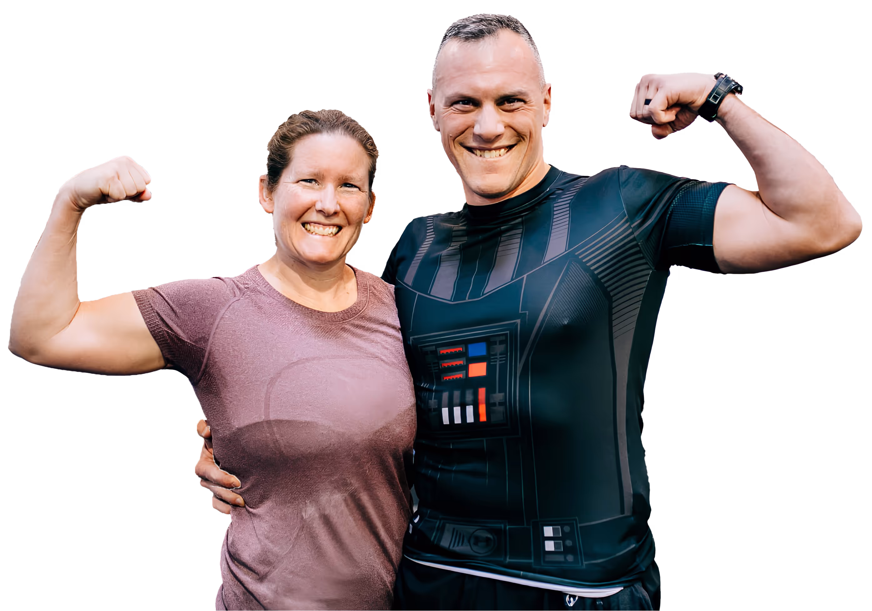 Smiling fitness couple posing and flexing arms in workout clothes.