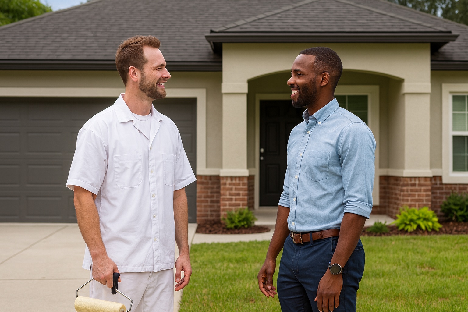 Exterior painting consultation - painter and client talking outside an Orlando house 