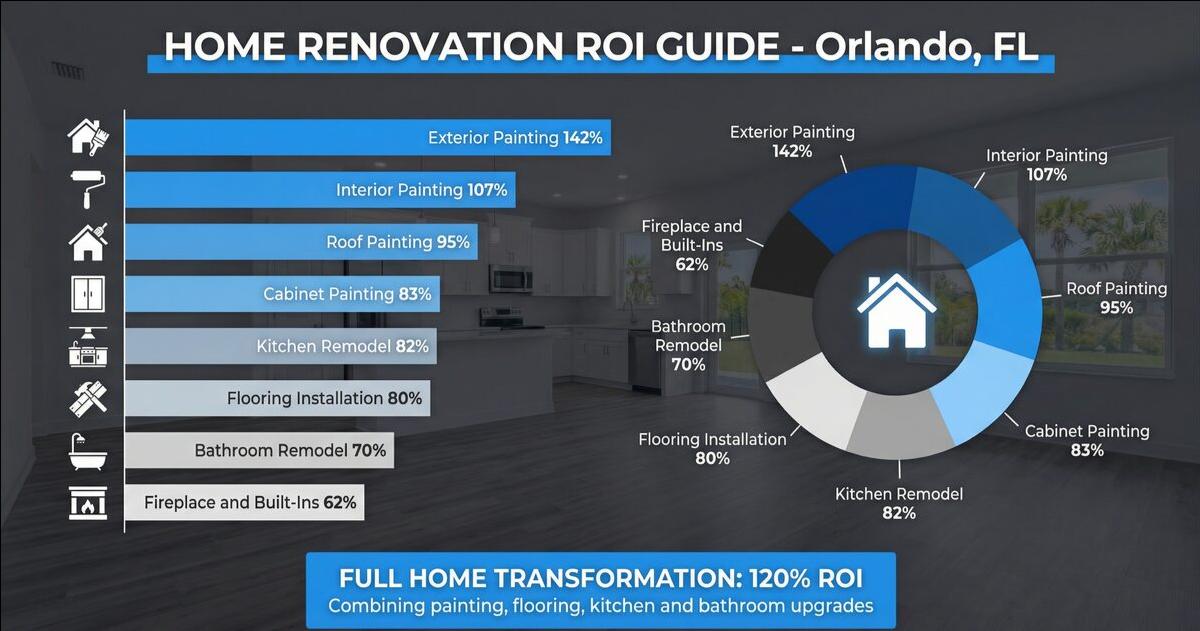 Orlando home renovation ROI guide showing which upgrades increase property value, including painting, flooring, kitchen, bathroom remodel, and full home transformation.