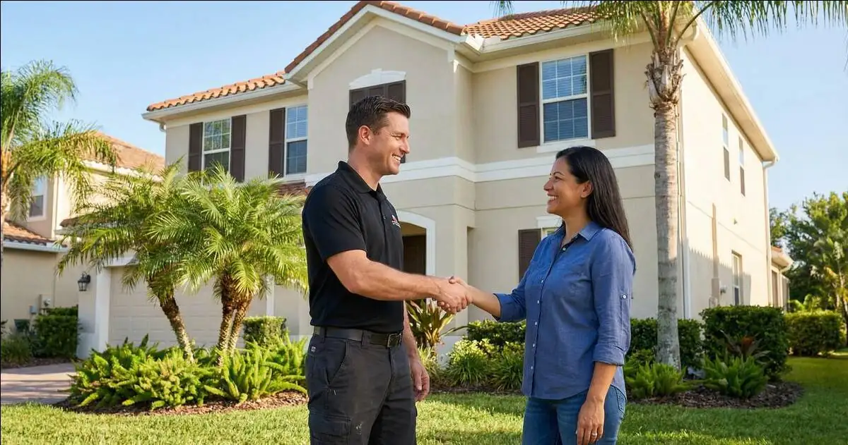 Exterior painting consultation - painter and client talking outside an Orlando house 