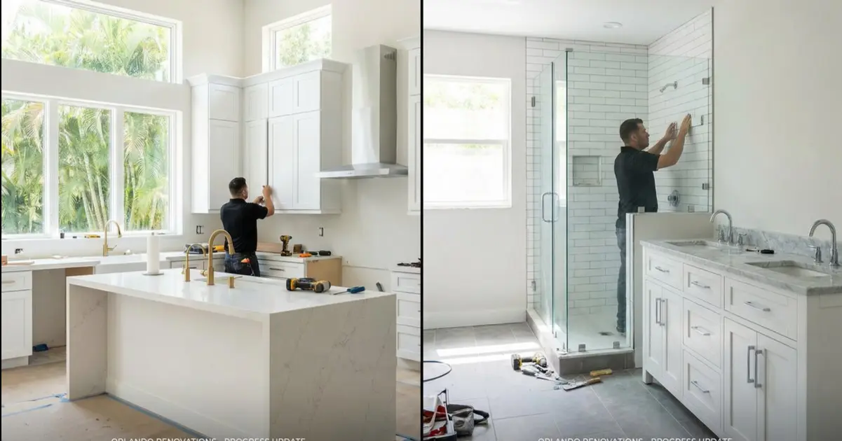 Kitchen and bathroom remodeling contractor in Orlando reviewing a renovation plan and timeline with a homeowner in a Central Florida home.