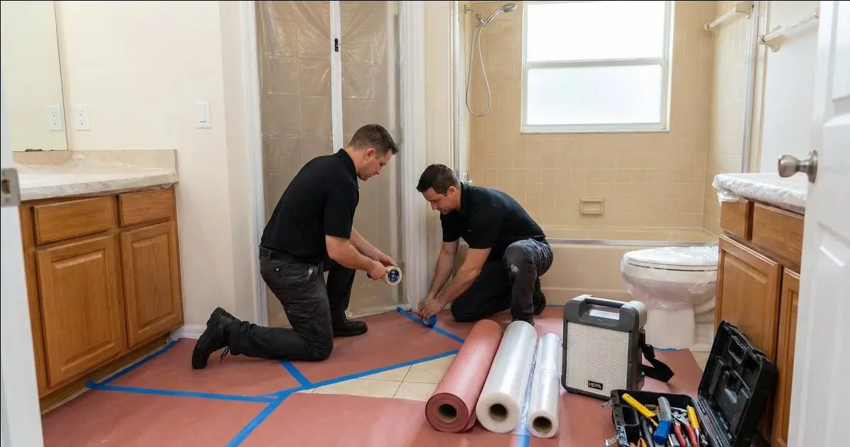 Bathroom remodeling contractor in Orlando protecting floors and setting up dust control before a shower remodel in a Central Florida home.