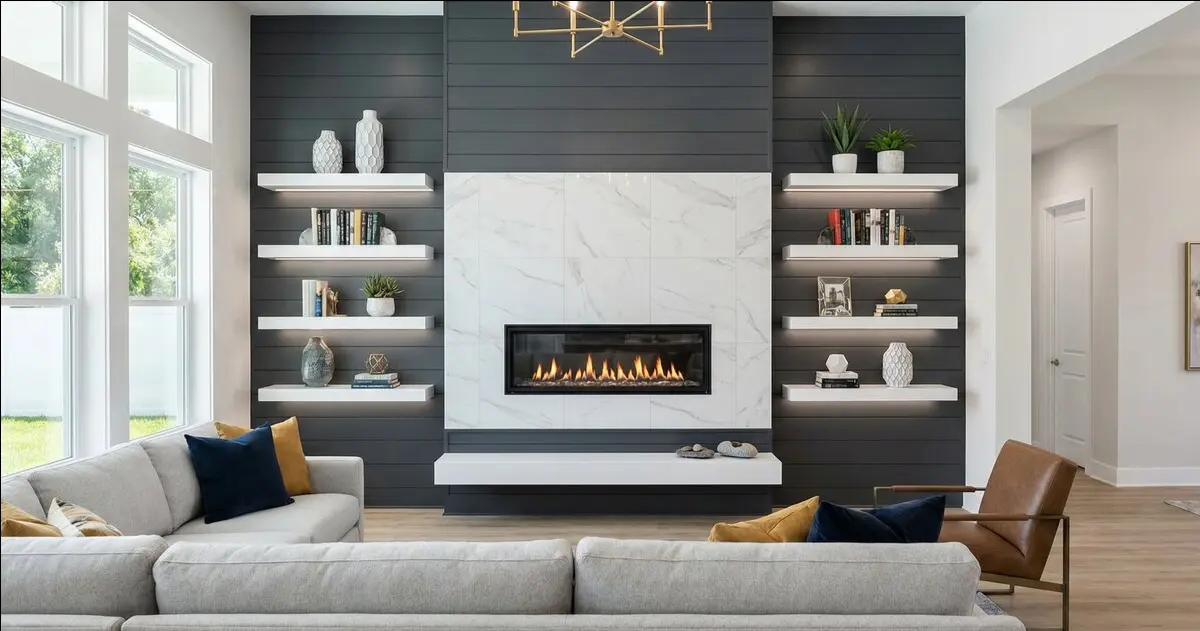 Modern fireplace feature wall in an Orlando living room with built-in shelves, clean trim details, and a sleek fireplace insert for a upgraded look.