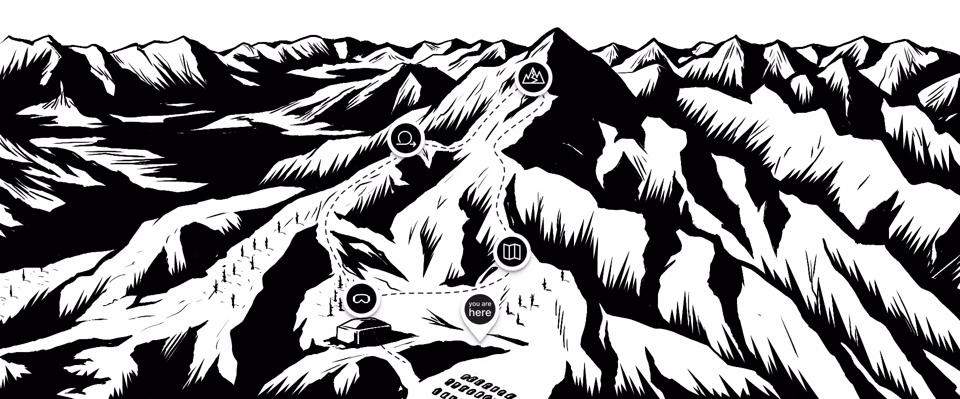 Black and white illustrated map of a mountainous landscape with snow-covered peaks and valleys. The map features several circular waypoint markers with icons, including what appears to be a tent, binoculars, and other navigation symbols. A small building or structure is visible in the lower portion, and there's a 'you are here' marker indicating the viewer's location. The artwork has a dramatic, high-contrast style typical of adventure or hiking maps.