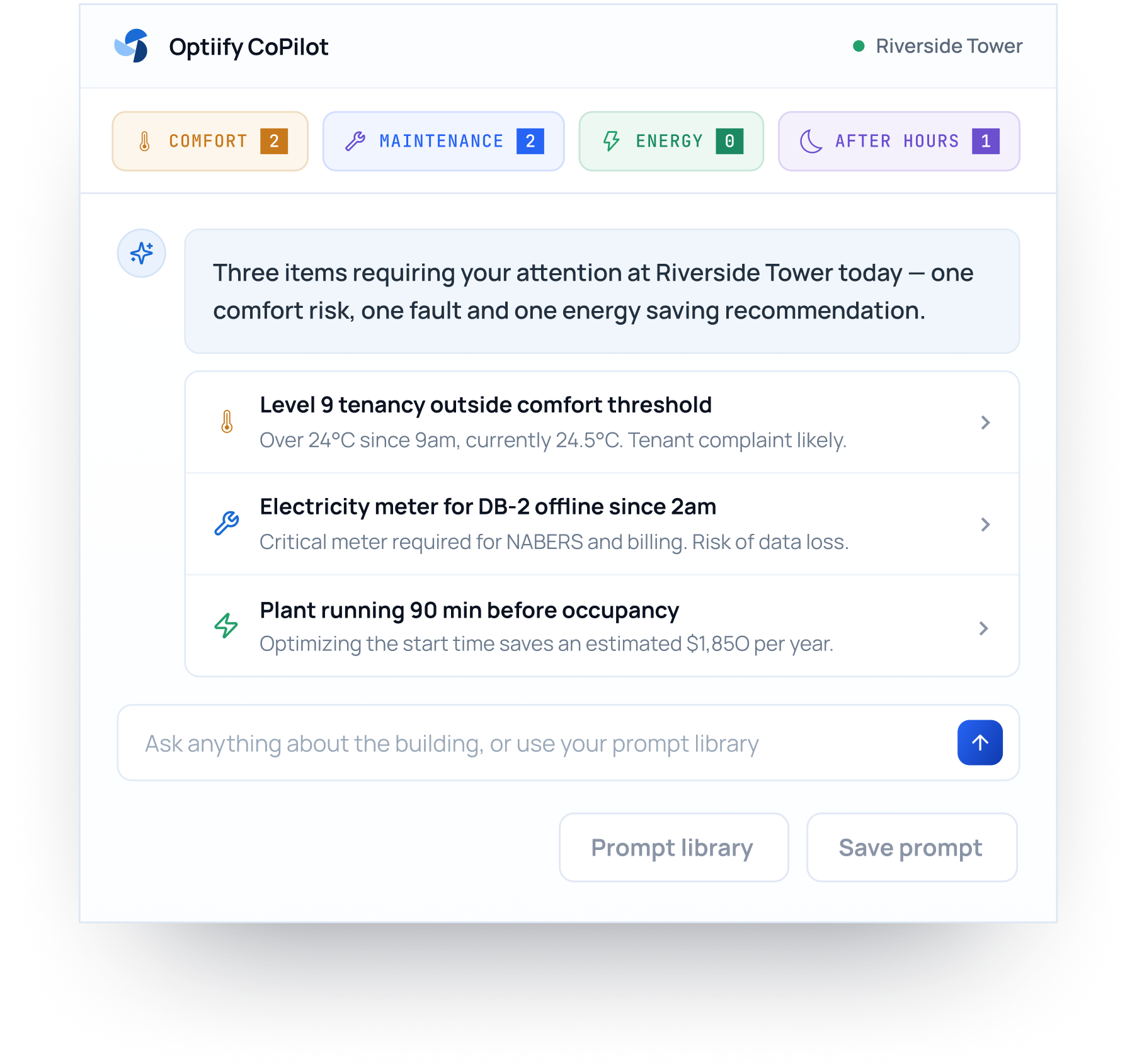 Optiify CoPilot chat panel for Riverside Tower