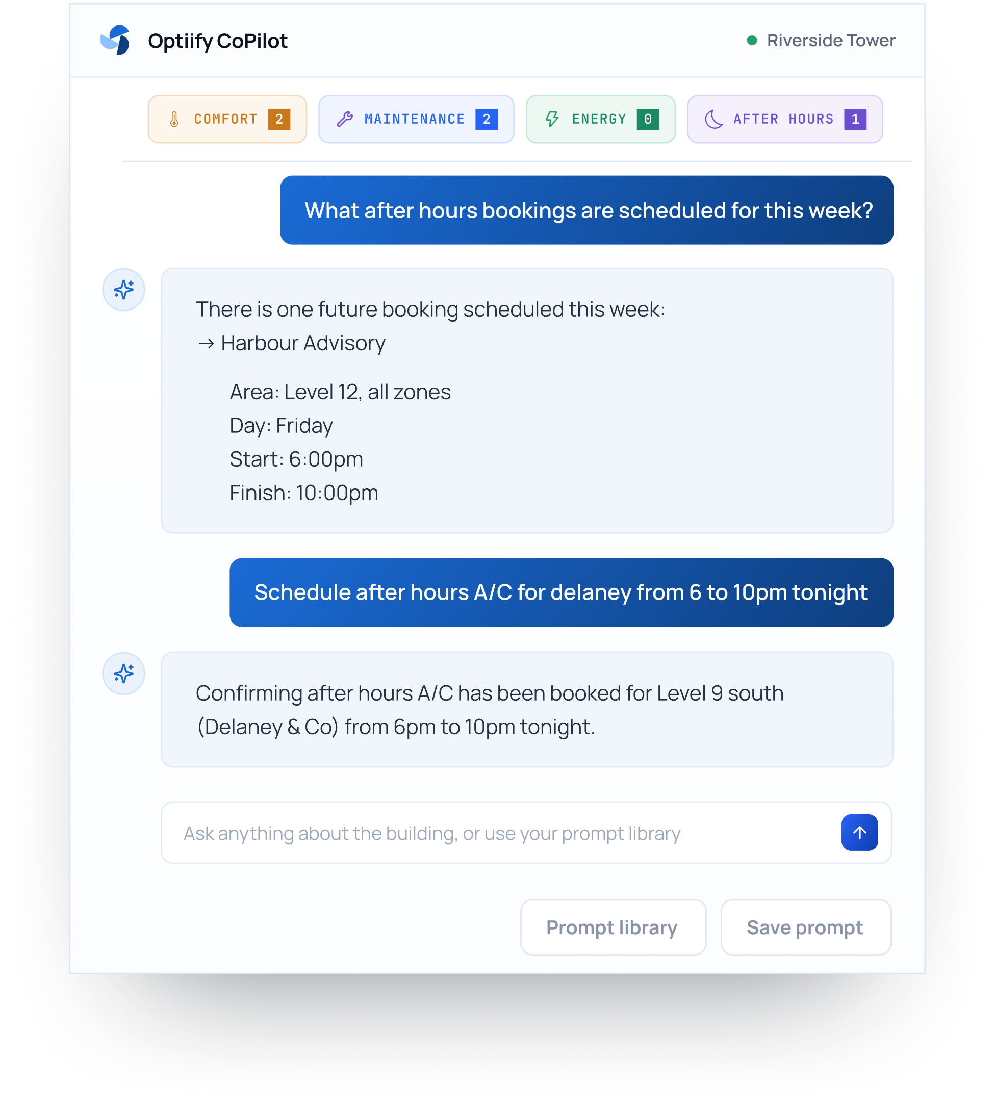 Optiify CoPilot after-hours scheduling chat panel for Riverside Tower