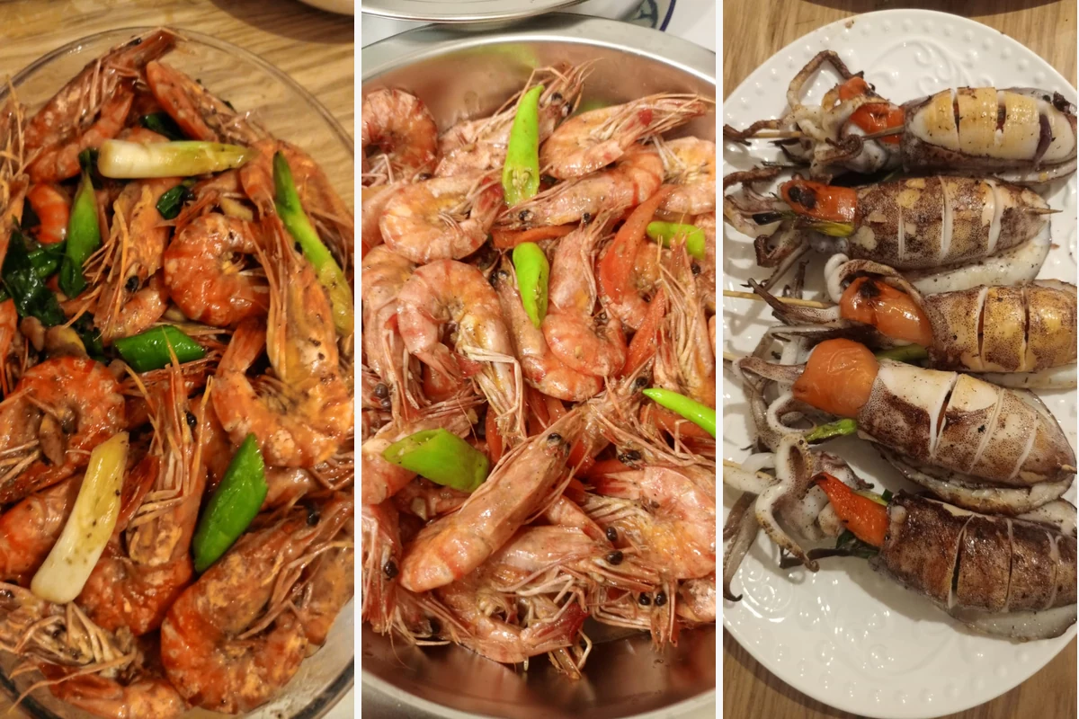 Prawns and grilled squid prepared for the welcome dinner at the villas