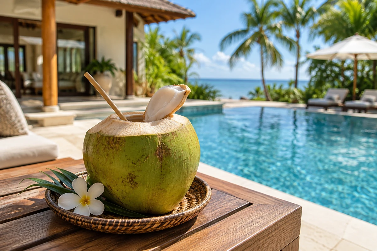 Fresh Green Buko Juice served beside a tropical villa pool in Panglao