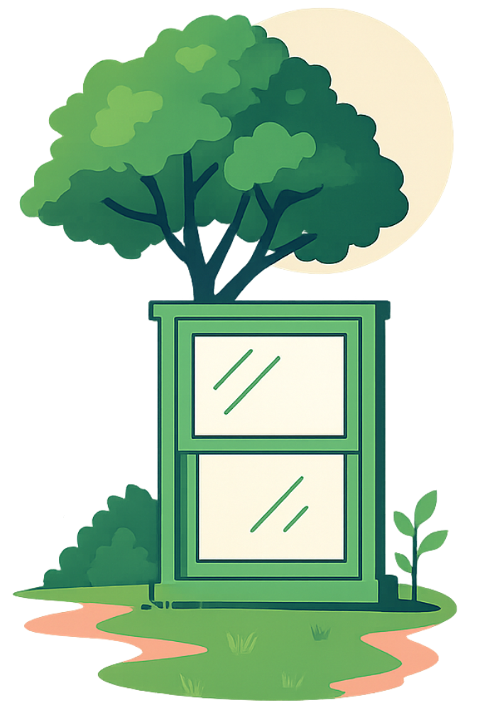 a sash window and tree