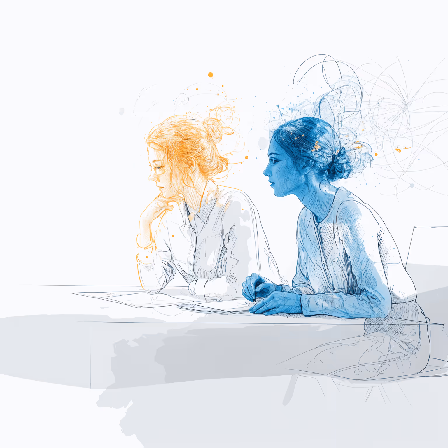 A bespoke augmented sketch of a leader mirrored with blue and red digital cognitive force to represent the power of change
