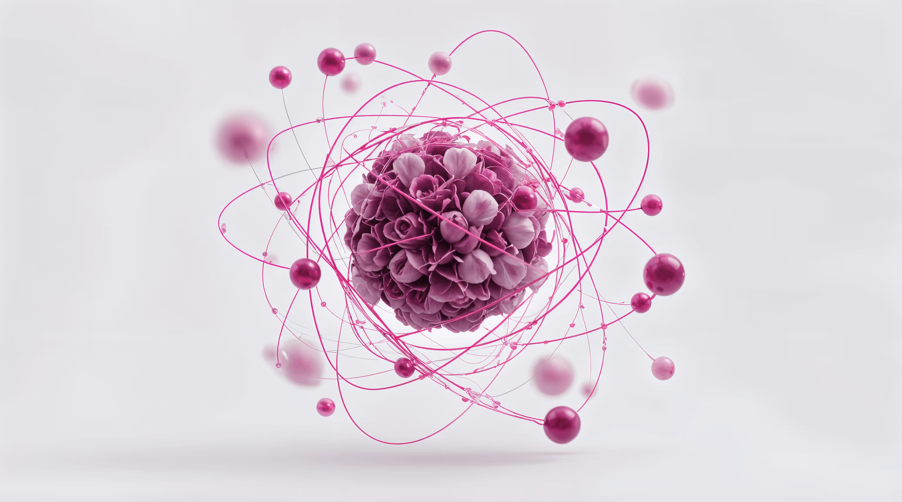 A bespoke orb of blossoming roses with a universe of opportunity circling like neural pathways