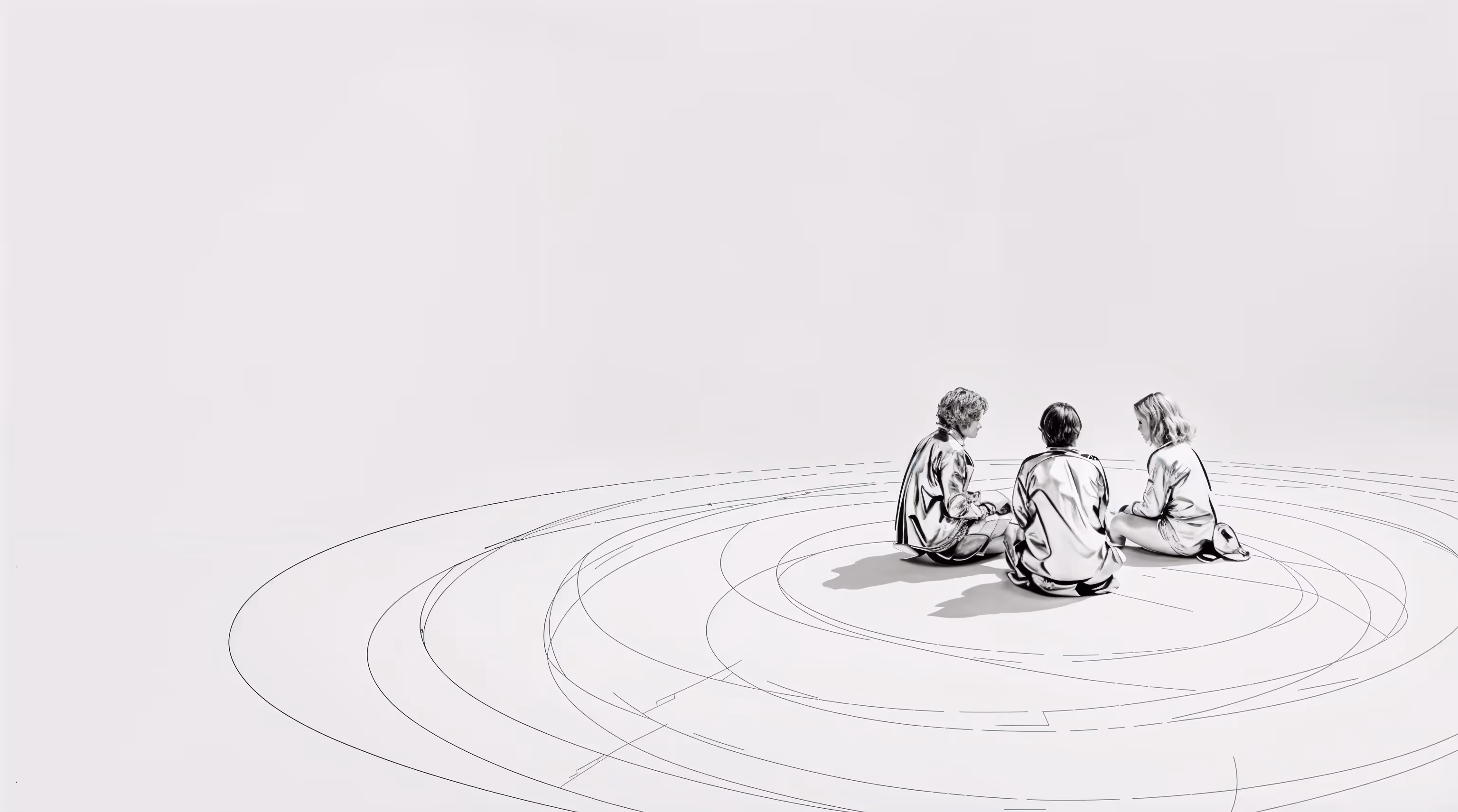 A group of three, sat crossed legged on a final clean flow and background with ripples circling out of the group