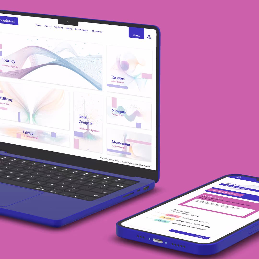 A laptop showing the Recoverluion Platform with a Smart Phone displaying a Recovery Journey set on a branded pink background