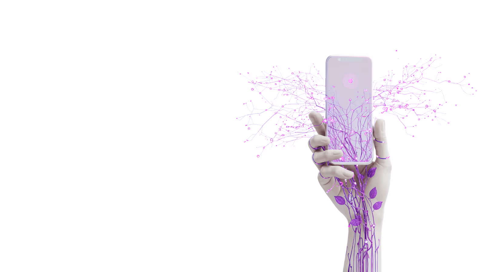 A recovery patients hand, holding a smart phone connected with lines, nodes and digital branches of transformation