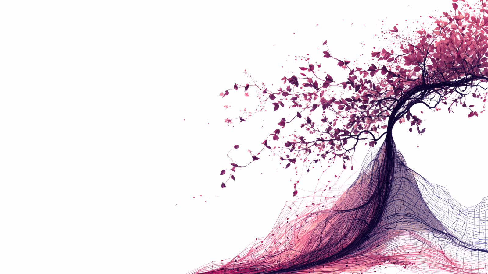 A digitalised real tree blowing in the wind with an interconnected, strong digital roots