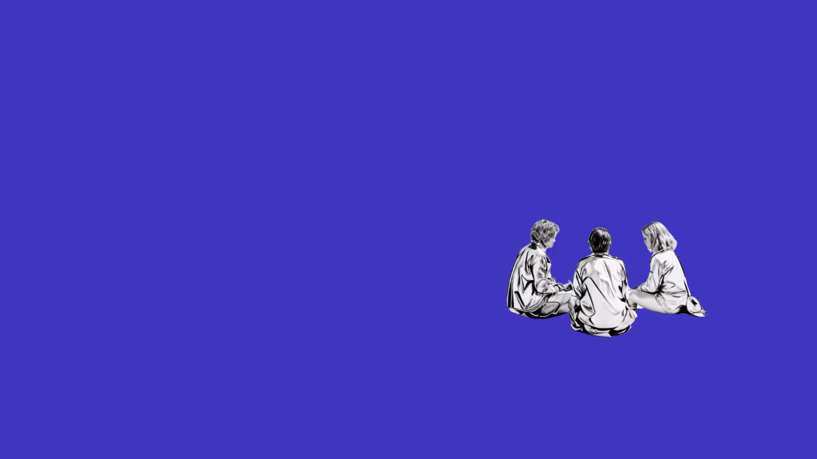 A clean and minimal branded still focusing on a recovery group of three sat together crossed legged on the floor