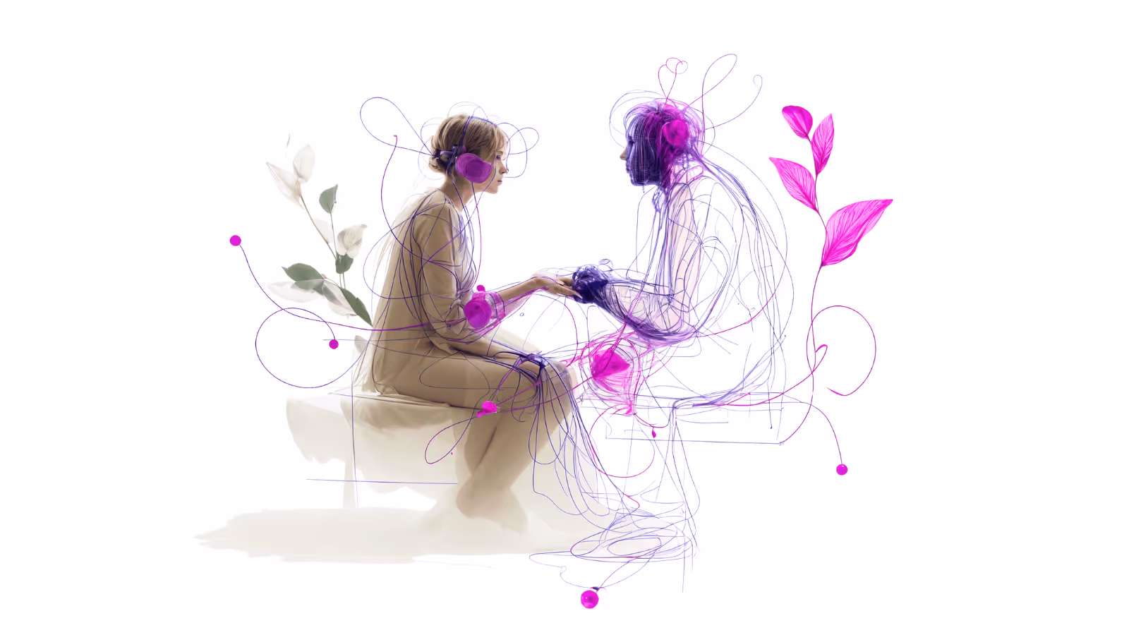 A patient, augmented and sketched with lines and digital leaves sat connected with a therapist