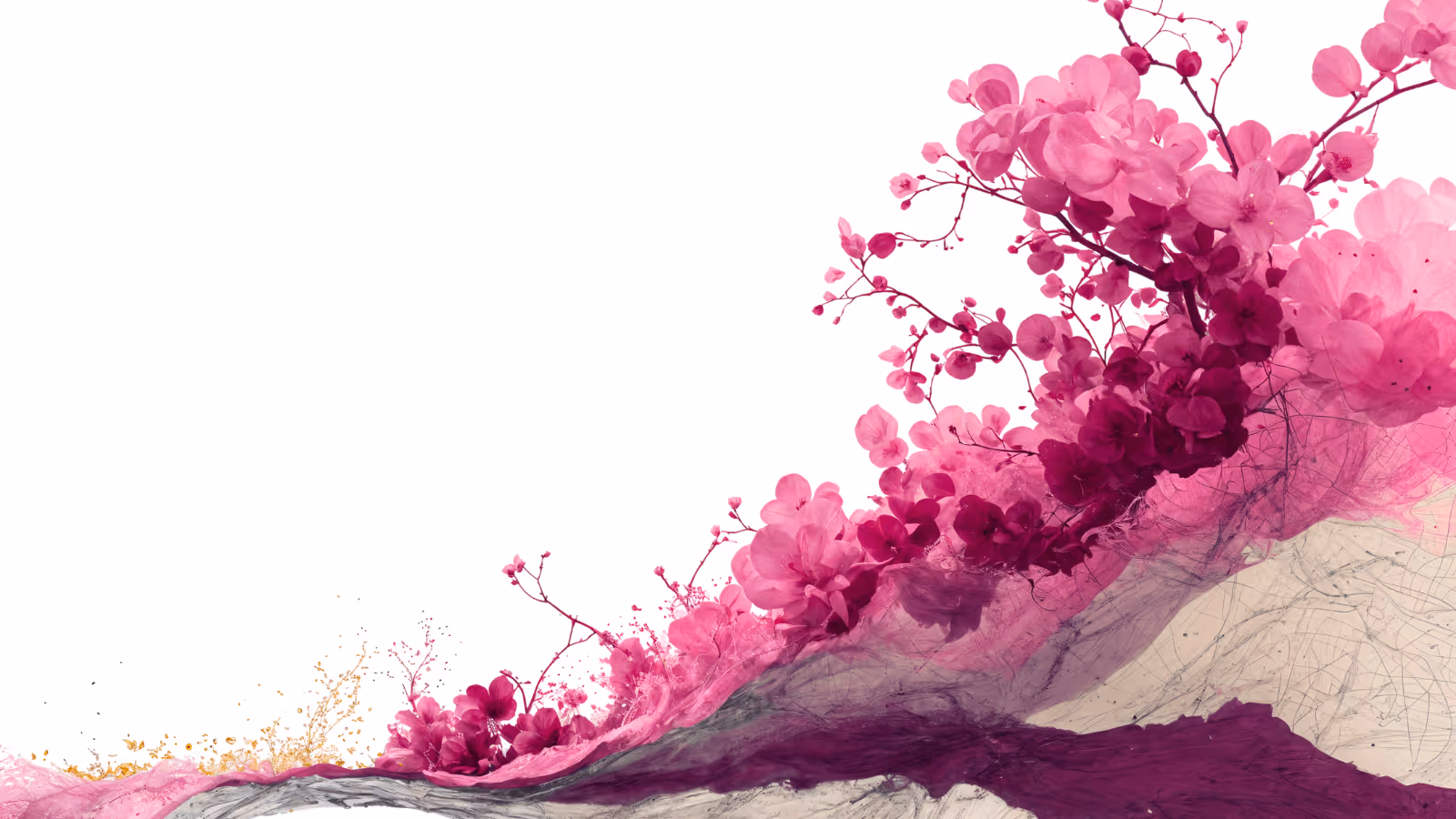A digital curving recovery pathway alit with blossoming trees of insight