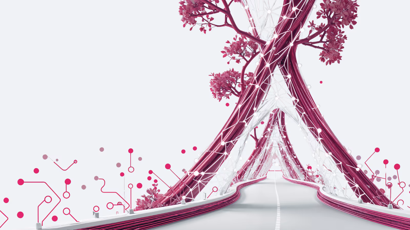A digital road leading over a blossoming bridge