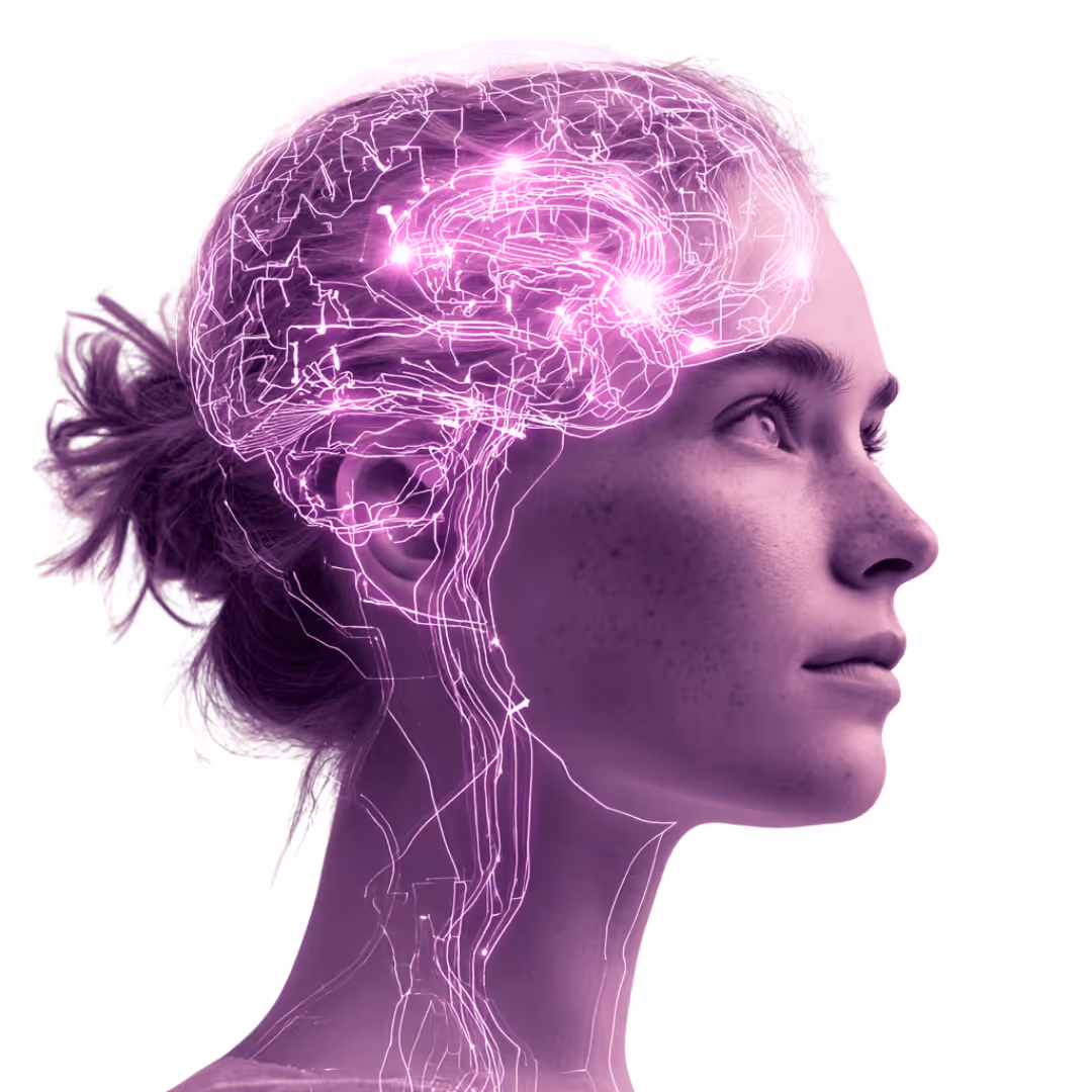 A clean, crisp side on head shot of a recovery patient with a digital re-wiring brain