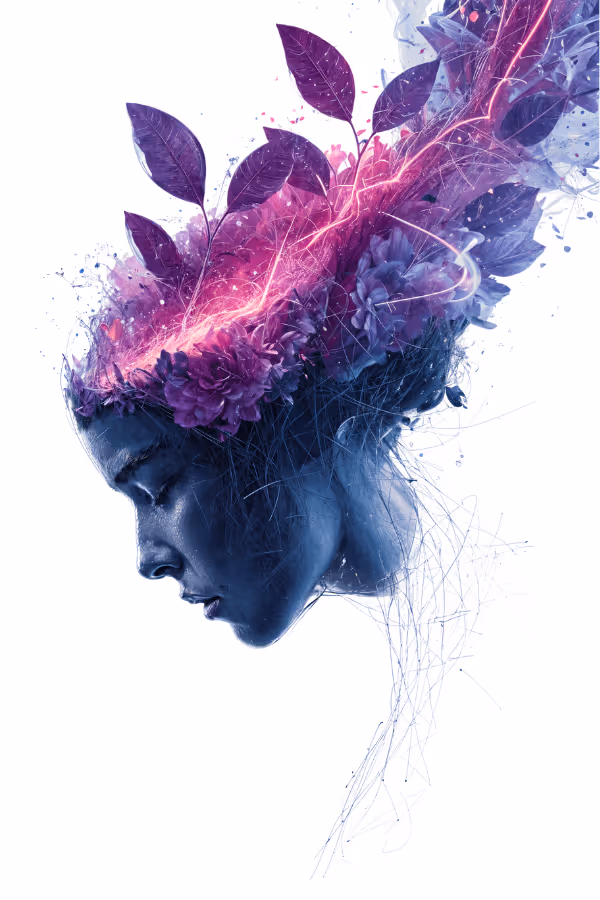 The silhouette of a patients head with transformation and cognitive rewiring depicted with digital pathways, flowers and waves