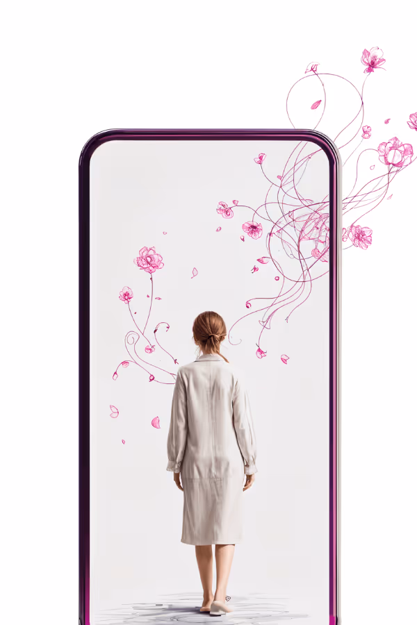 A bespoke graphic of a the back of a patient walking into a Smart phone as if a mirror with a blossoming pathway ahead