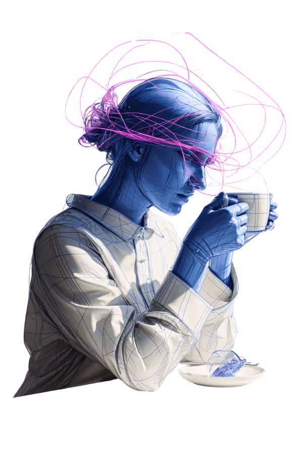 A recovery patient, sketched sat drinking a morning coffee, with flowing lines of digital recovery