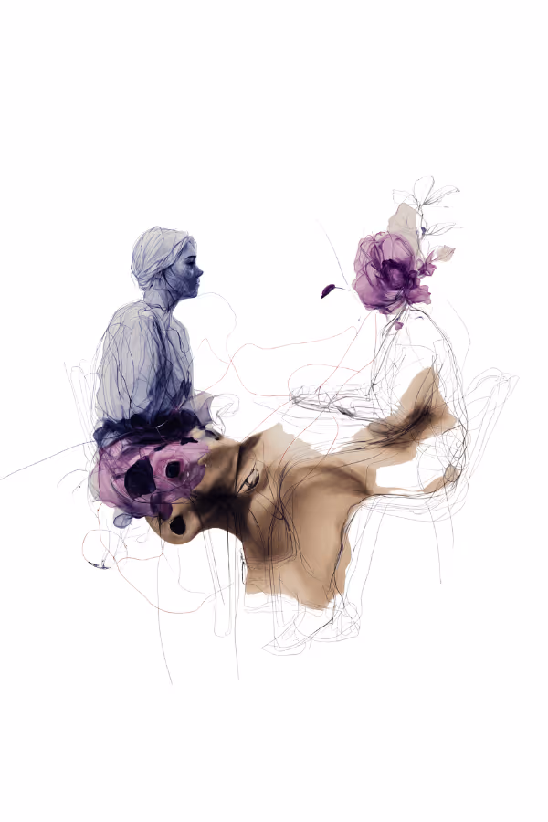 2 patients sat interconnected and mid conversation