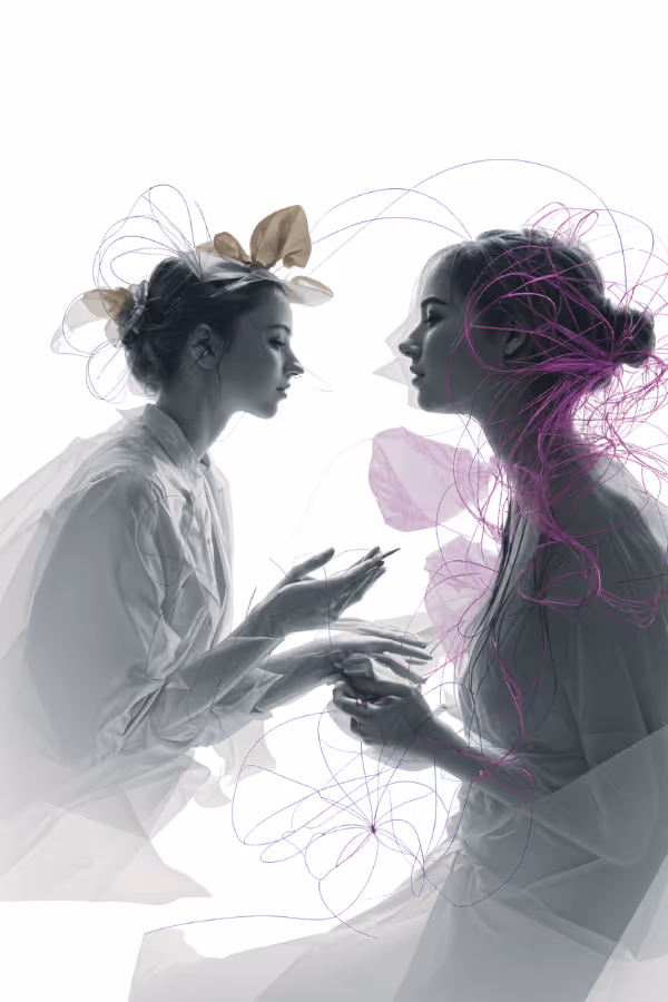 A mirrored image of the same girl in recovery with flowing digital lines of transformation and she leads a life as she is truly is