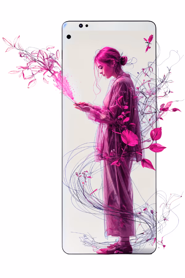 A bespoke, sketched shot of a girl stood in the entire frame of a smart phone on her smart phone, interconnected with digital lines, butterflies and blossoming leaves