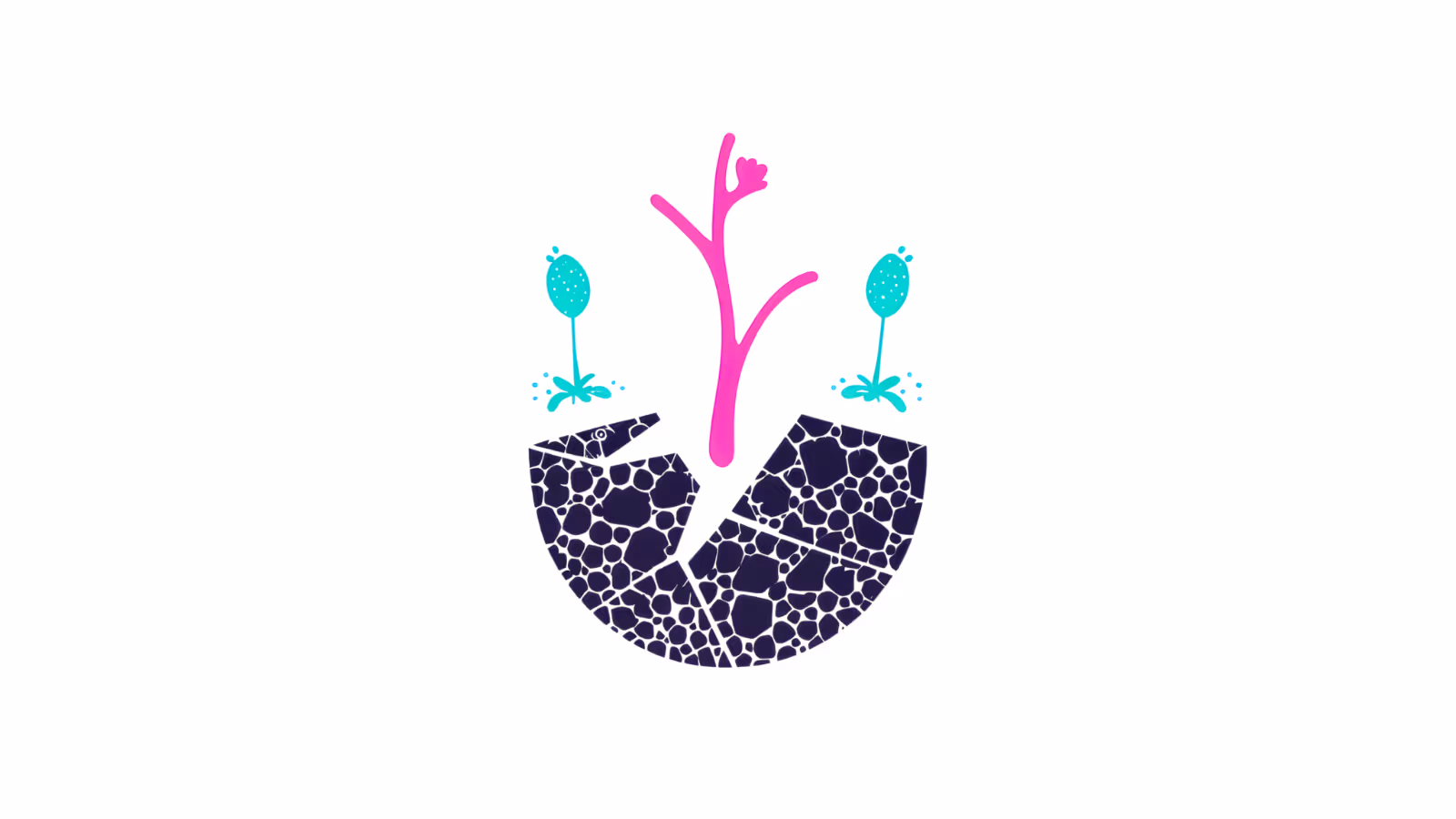 A small leafless sapling growing through the earth with 2 leafing saplings either side