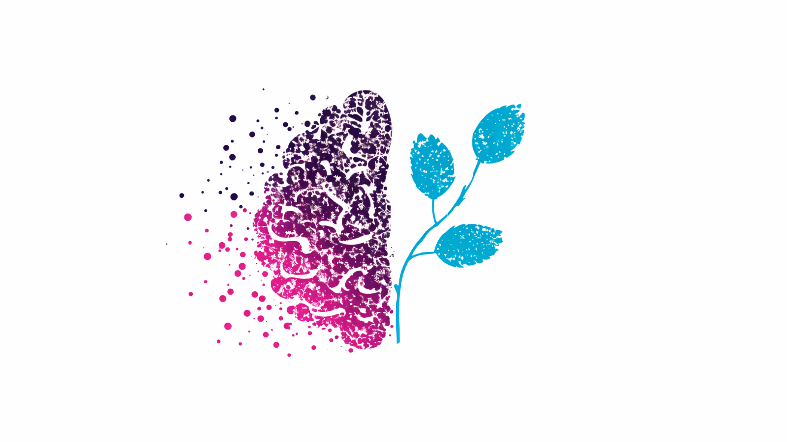 A bespoke image depicted as a digital brain but showing self a brain on left and a leafy sapling ton the right